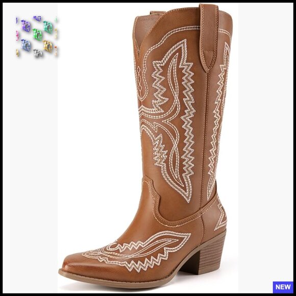 Shoes - Western Cowboy Boots Square Toe Embroidery Mid Calf Retro Chic Heeled
